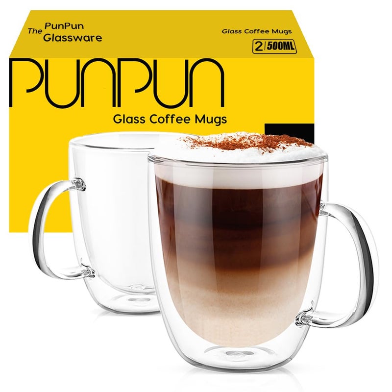 PunPun 17oz.500ml Large Coffee Mug,Double Walled Clear Mugs,Coffee Glass Cup, Heat Resistant Borosilicate Clear Glasses,Premium Glasses, Set of 2 - Image 1